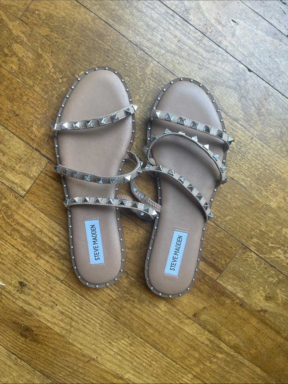 Steve Madden Taupe Pyramid-Stud Triple Strap Slides